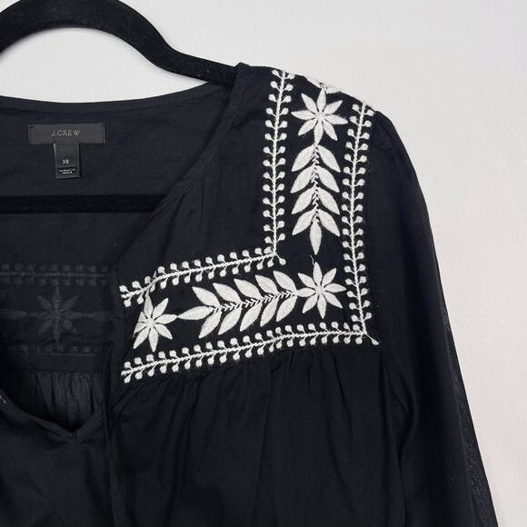 J Crew Womens XSmall Black White Embroidered Semolina Top Indian Voile Peasant - Picture 4 of 12